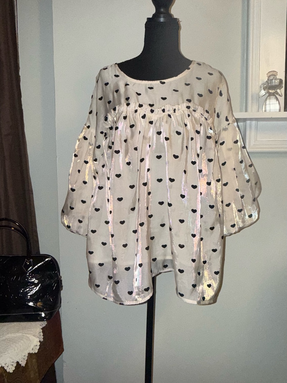 easel Cream Blouse with Black Heart Print and Puff Sleeves